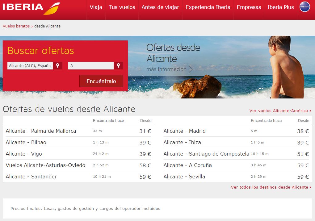 Vuelos baratos en abril desde Alicante con Iberia